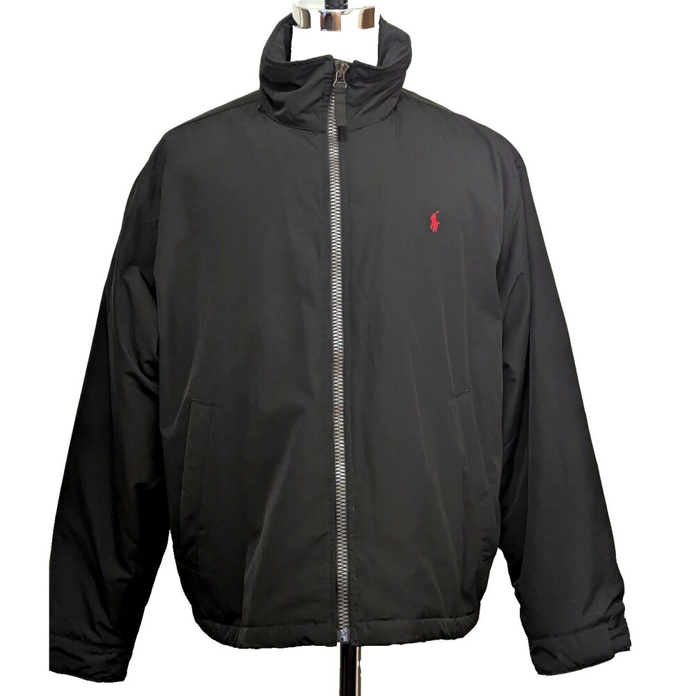 Polo Ralph Lauren Jacket Men's XXL Black Stowaway Hood Fleece Zip Windbreaker
